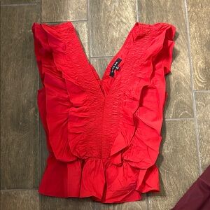 Elegant Scarlet Ruffled V-Neck Blouse